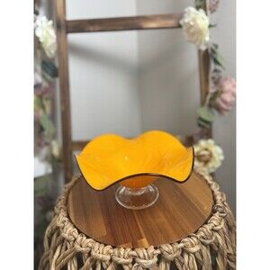 vtg tango art glass orange pedestal dish  bowl ruffled edge mcm halloween 9x5"